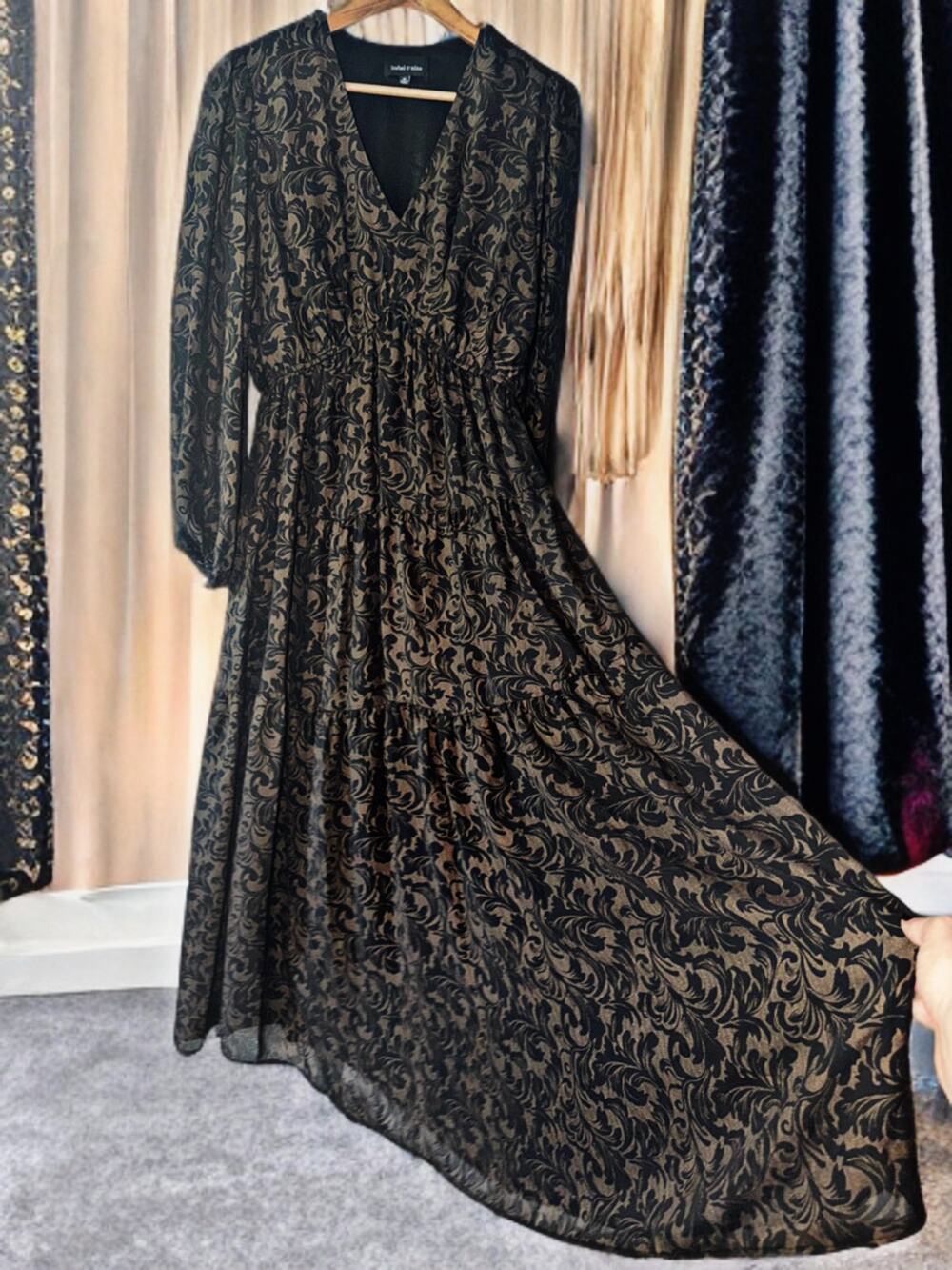 Isabel & Nina Black Brown Scroll Print Chiffon Maxi Dress Size 12 Long Sleeve